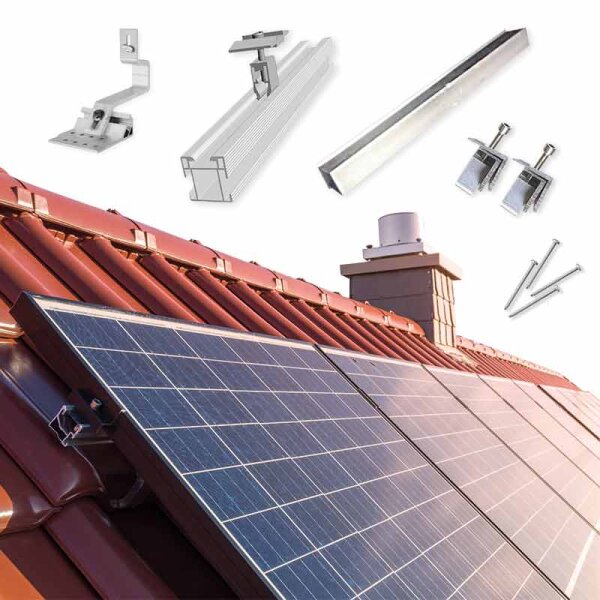 1 reihiges Befestigungssystem für Solarmodule, Montage zur Hochkant Verlegung bei 3 Modulen für Dachpfanne