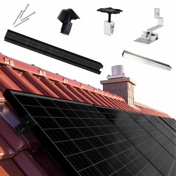 1 reihiges schwarzes Befestigungssystem für Solarmodule zur Hochkant Verlegung für 1 Modul für Dachpfanne