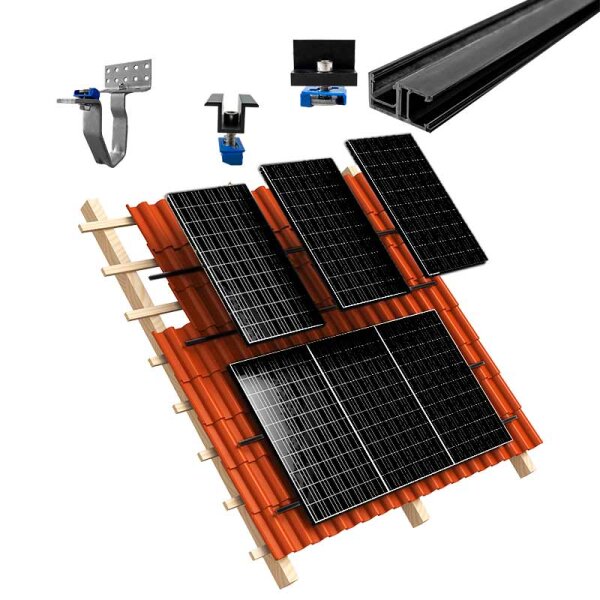 1-reihiges Solar-easy Klicksystem, schwarz, Hochkant-Verlegung, Dachpfanne für 6 Module Rahmenhöhe 35mm