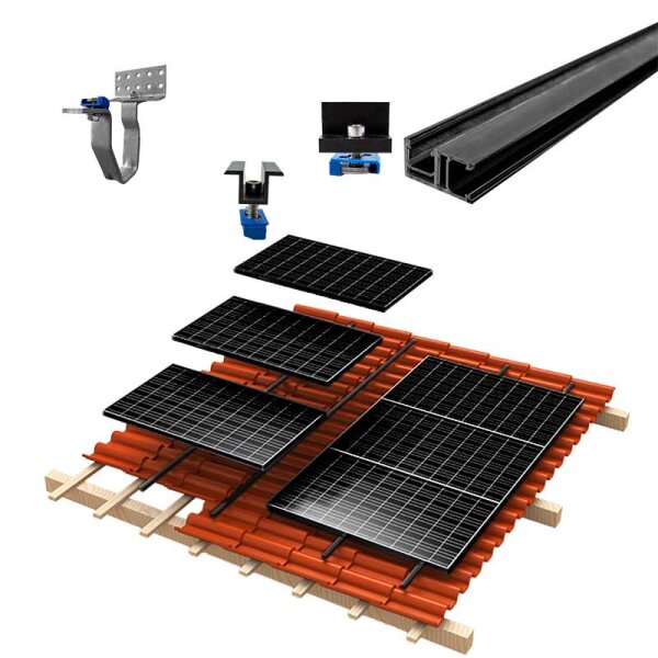 1-reihiges Solar-easy Klicksystem, schwarz, Quer-Verlegung, Dachpfanne für 2 Module Rahmenhöhe 30mm